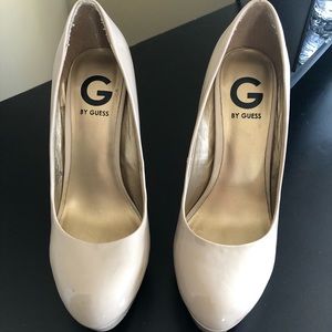 beige patten leather high heels